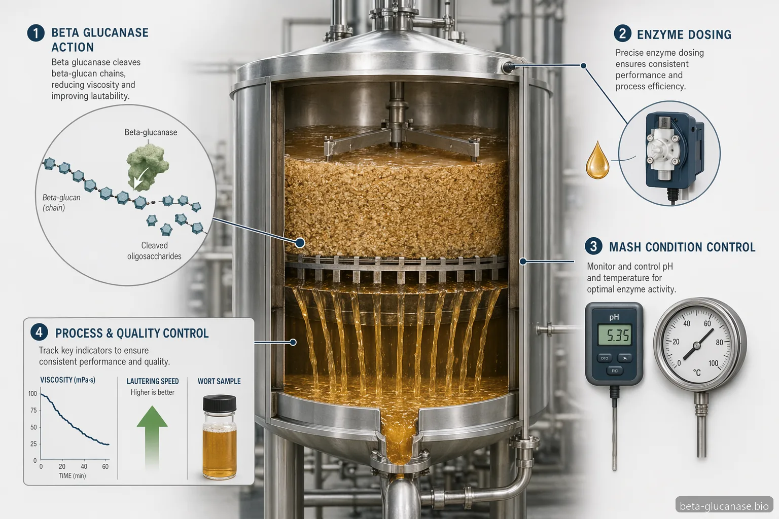 beta glucanase enzyme brewing dosage guide showing mash viscosity, pH, temperature, lautering, and QC checkpoints